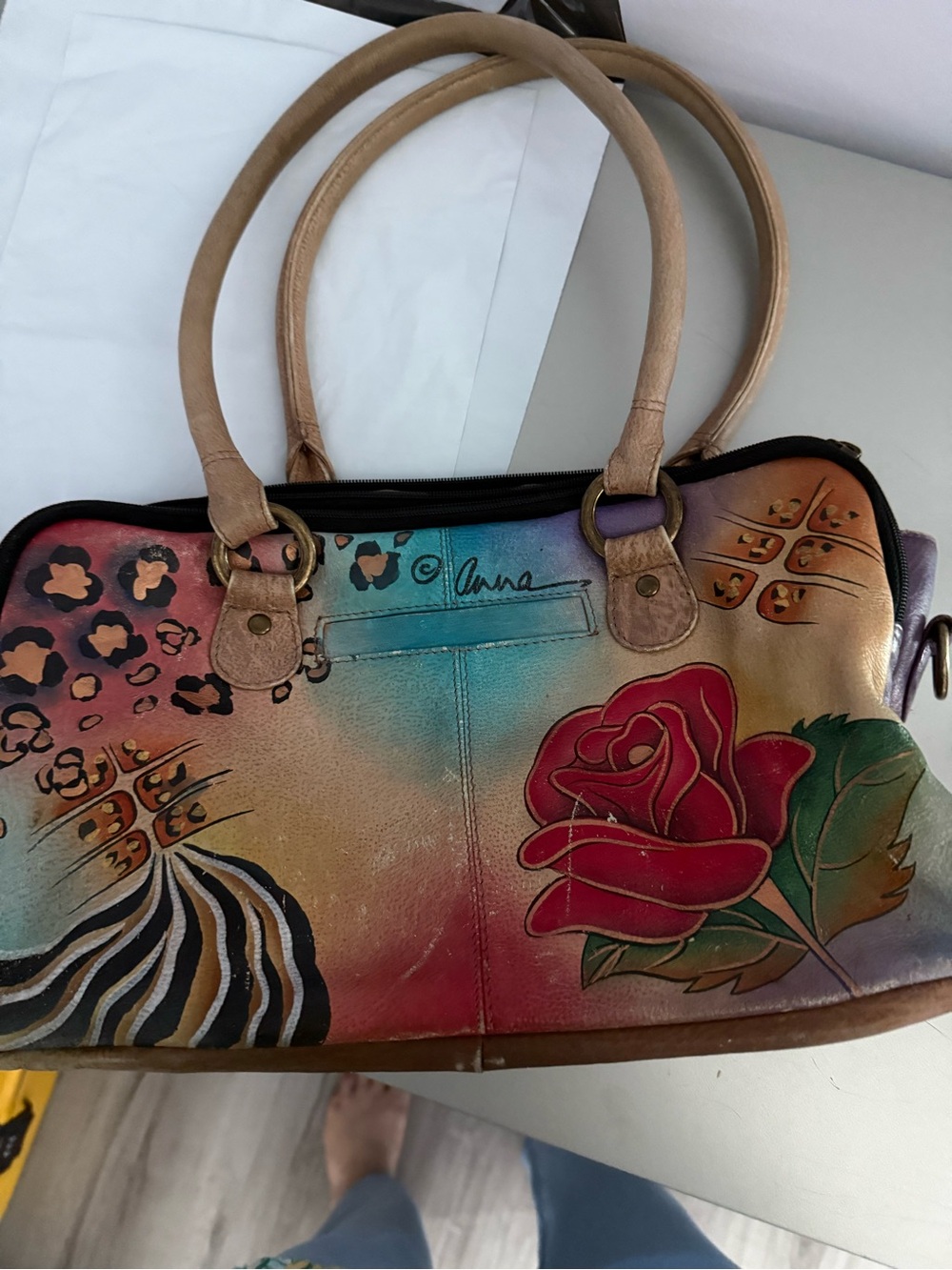 Anna Multicolor Hand-Painted Satchel with Red Rose Accent